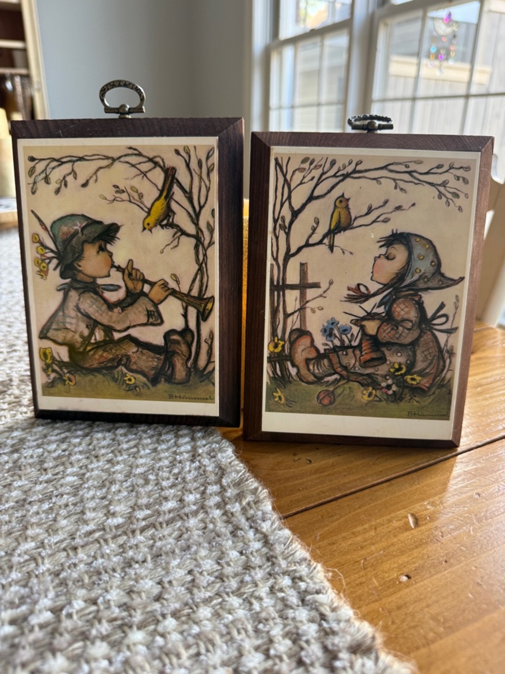 Hummel Framed Rustic Brown Plaque Pair w/Soft Green and Yellow Accents Vintage - Picture 3 of 13